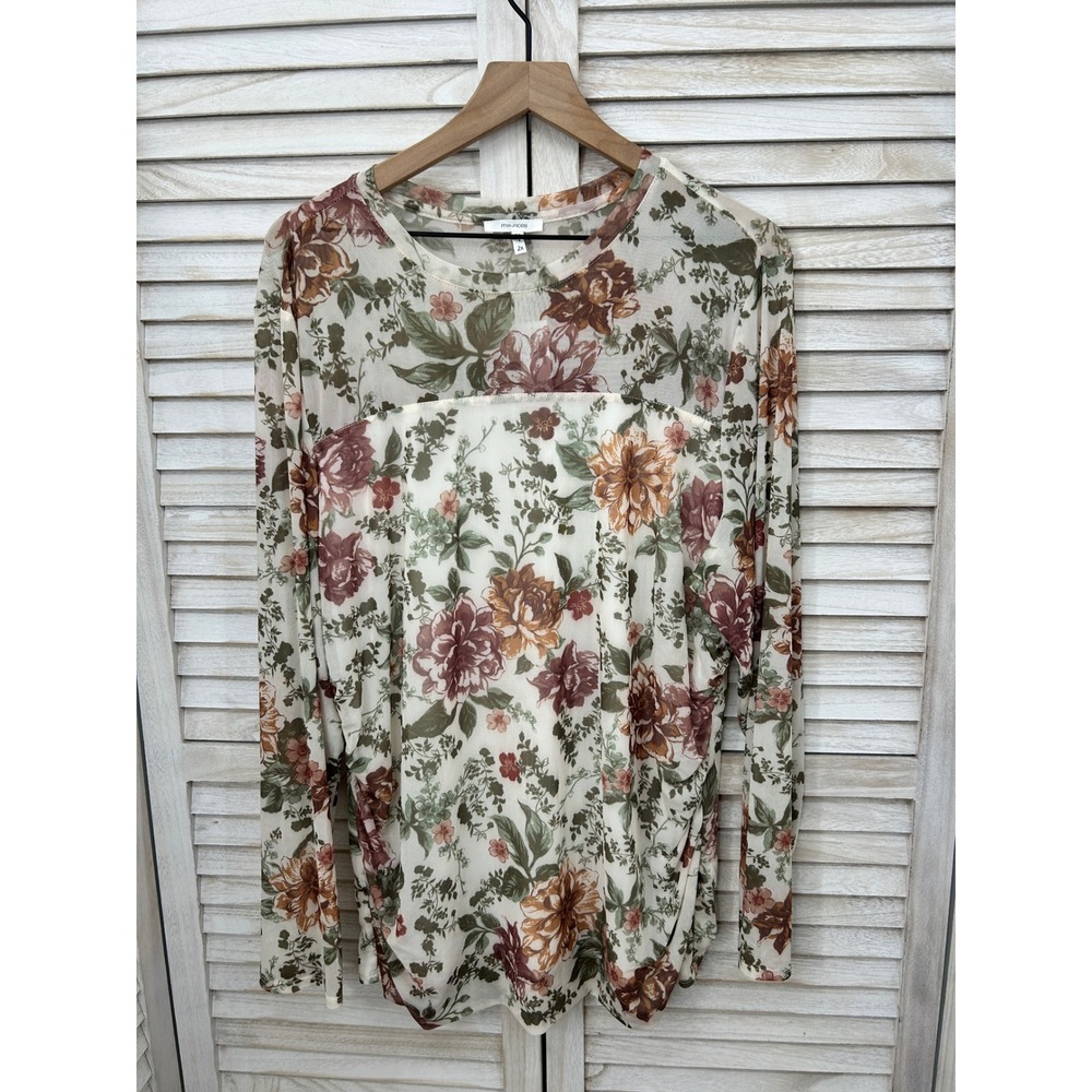 NEW Maurices Mesh Floral Top 2X Tan Green Sheer Layered Stretchy Blouse